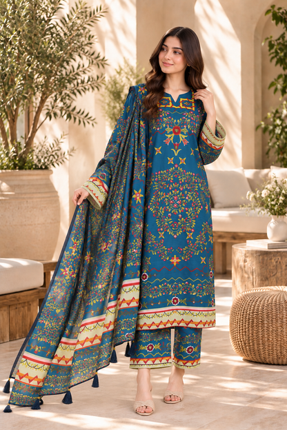 Women’s Printed 3-Piece Lawn Suit – Teal Blue Floral & Traditional Print