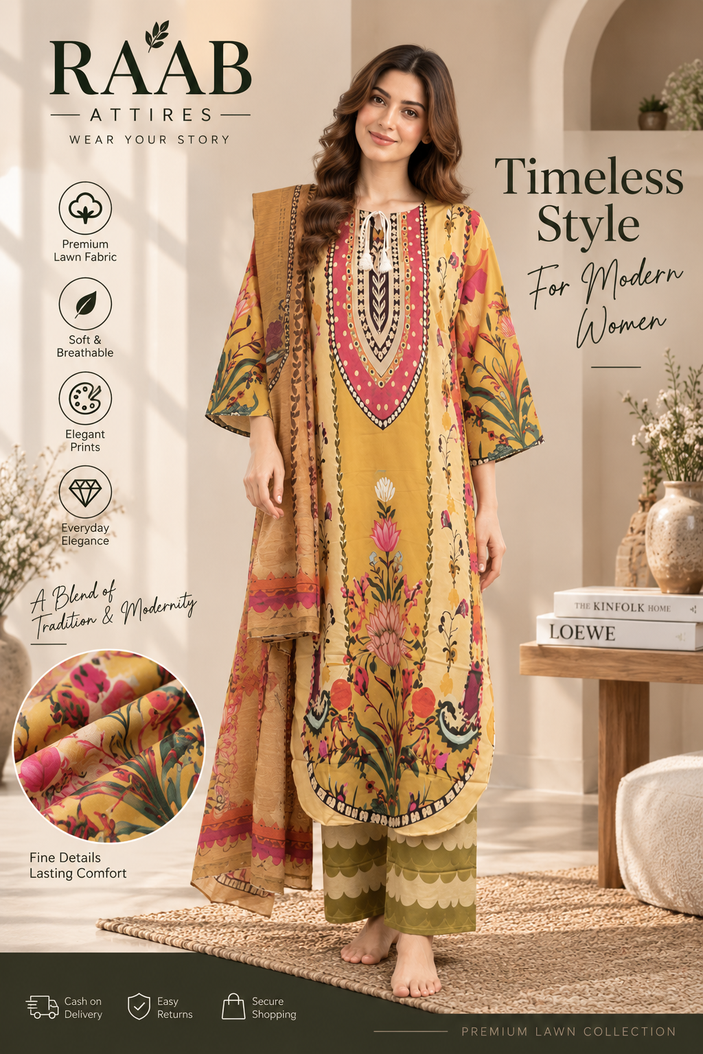 Mustard Floral Printed 3 Piece Lawn Suit with Printed Dupatta – Women’s Unstitched Style