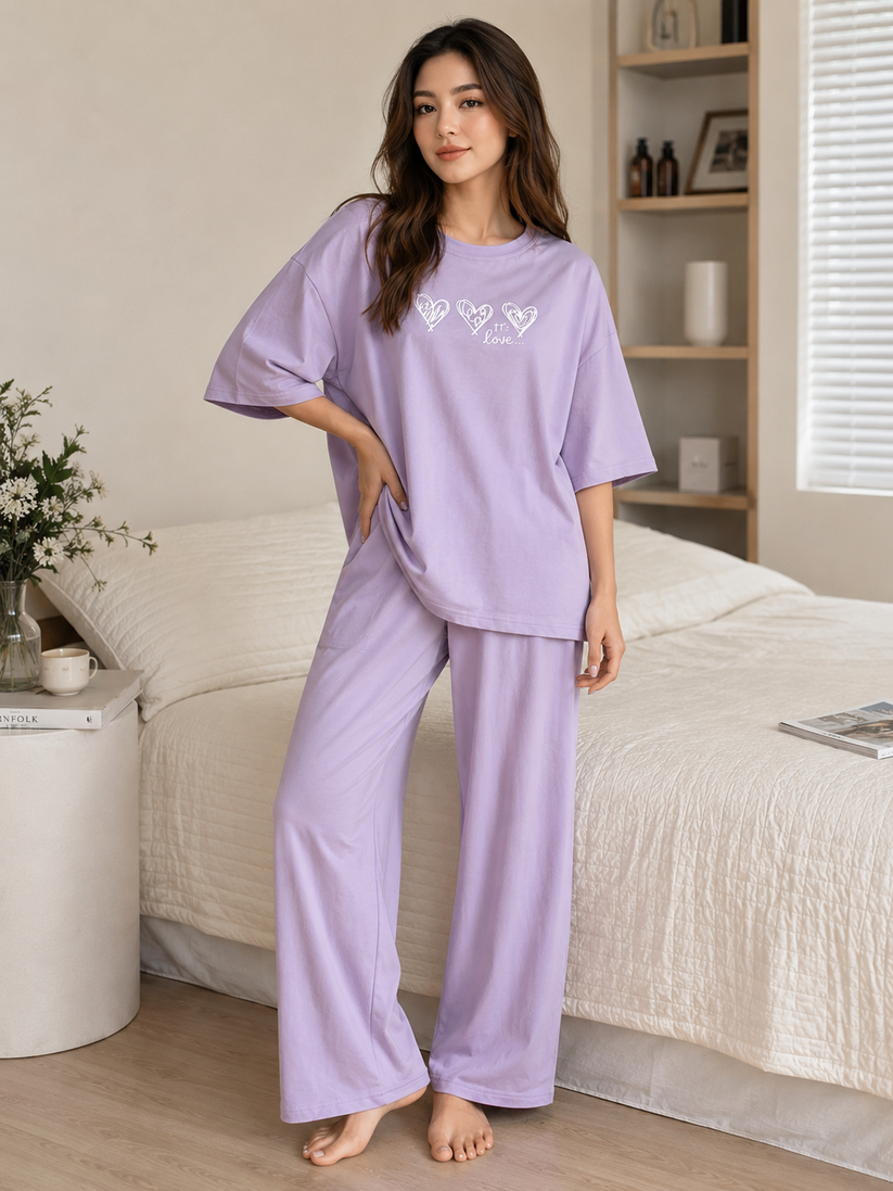 Women's Purple Love Oversized Pajama Set – Soft & Comfortable 2 Piece Night Suit