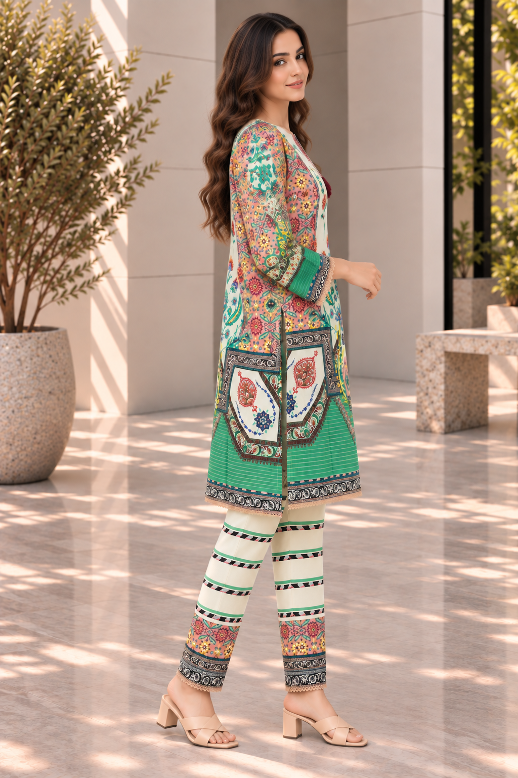 Stitched 2 Piece Lawn Suit for Women | Green & Multicolor Printed Kurta Trouser Set