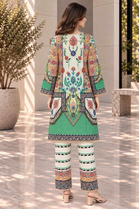 Stitched 2 Piece Lawn Suit for Women | Green & Multicolor Printed Kurta Trouser Set