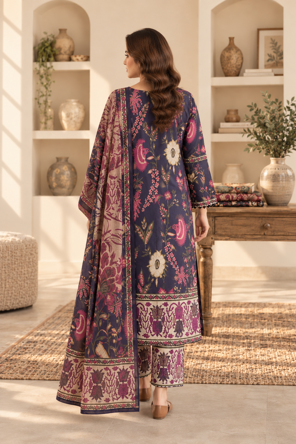 Women’s 3 Piece Printed Lawn Suit – Floral Printed Shirt, Matching Trouser & Dupatta