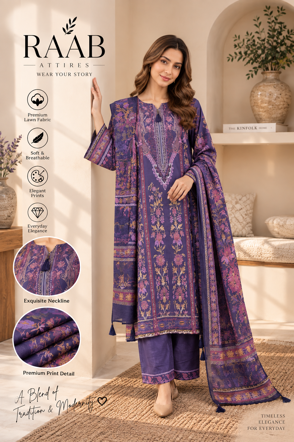 Women’s 3 Piece Printed Lawn Suit – Purple Floral Printed Shirt, Matching Trouser & Dupatta