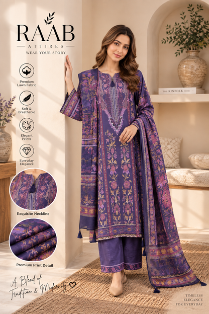 Women’s 3 Piece Printed Lawn Suit – Purple Floral Printed Shirt, Matching Trouser & Dupatta