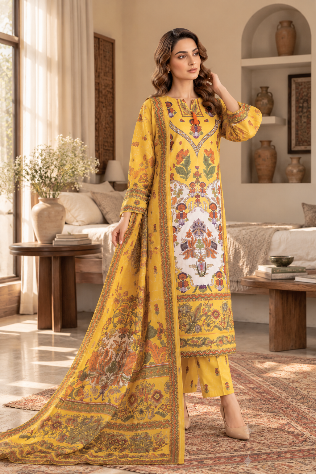 Mustard Floral Heritage Print 3-Piece Stitched Suit for Women – Ready to Wear