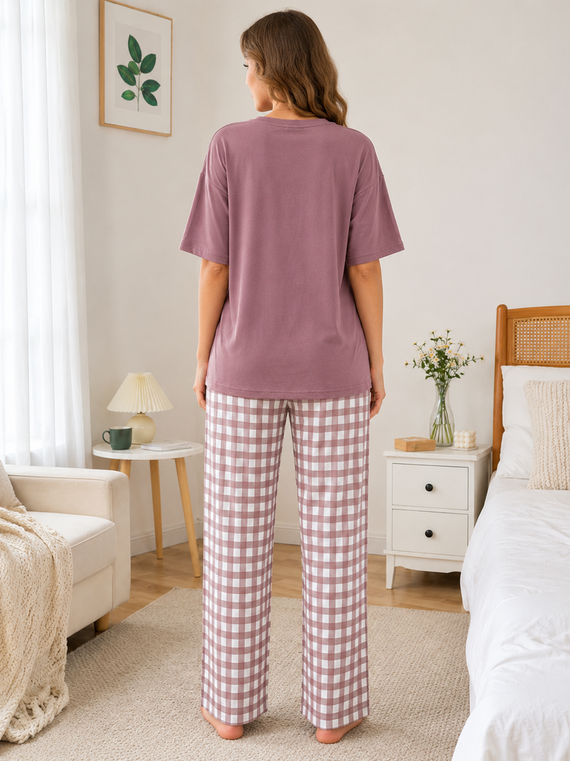 Women's Cute Teddy Bear Print Night Suit – Soft Loose Fit Short Sleeve T-Shirt & Check Pajama Set