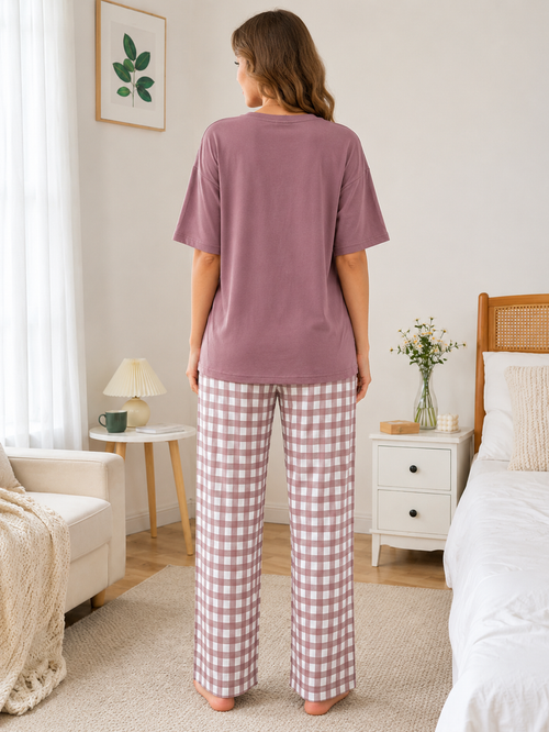 Women's Cute Teddy Bear Print Night Suit – Soft Loose Fit Short Sleeve T-Shirt & Check Pajama Set