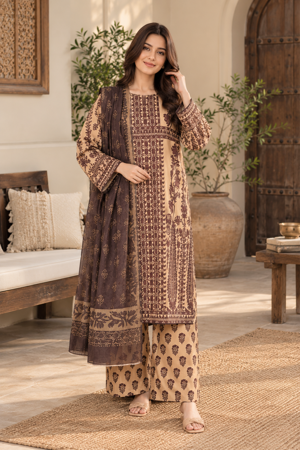 Women’s 3 Piece Printed Lawn Suit – Brown & Beige Printed Shirt, Matching Trouser & Dupatta
