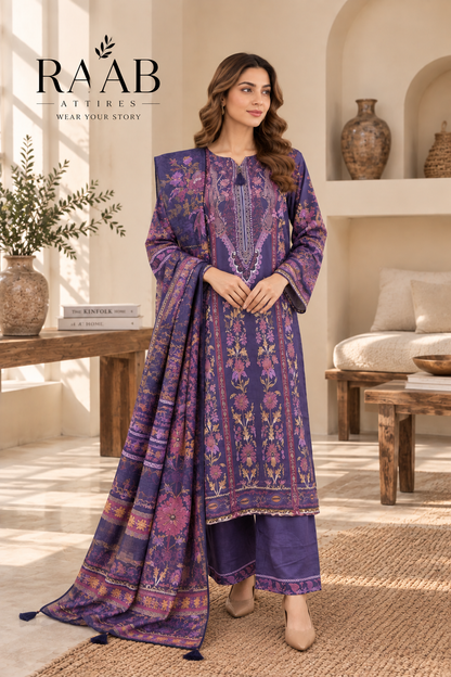 Women’s 3 Piece Printed Lawn Suit – Purple Floral Printed Shirt, Matching Trouser & Dupatta