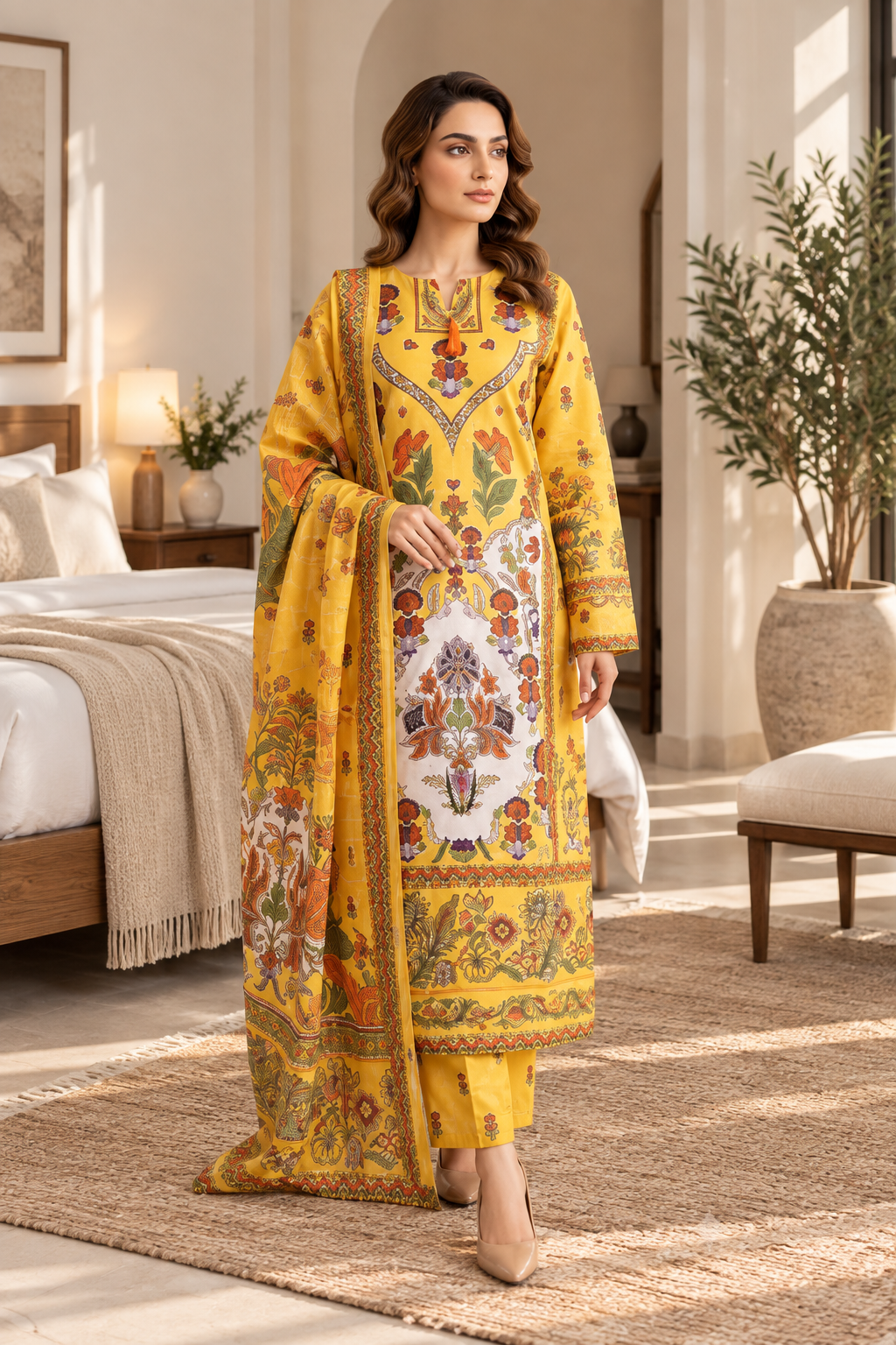 Mustard Floral Heritage Print 3-Piece Stitched Suit for Women – Ready to Wear