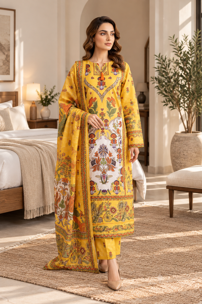 Mustard Floral Heritage Print 3-Piece Stitched Suit for Women – Ready to Wear