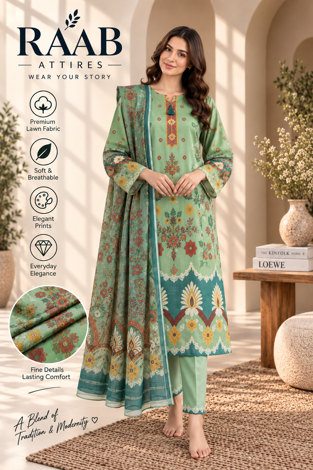 Mint Green Printed 3 Piece Lawn Suit with Floral Dupatta – Women’s Unstitched Suit