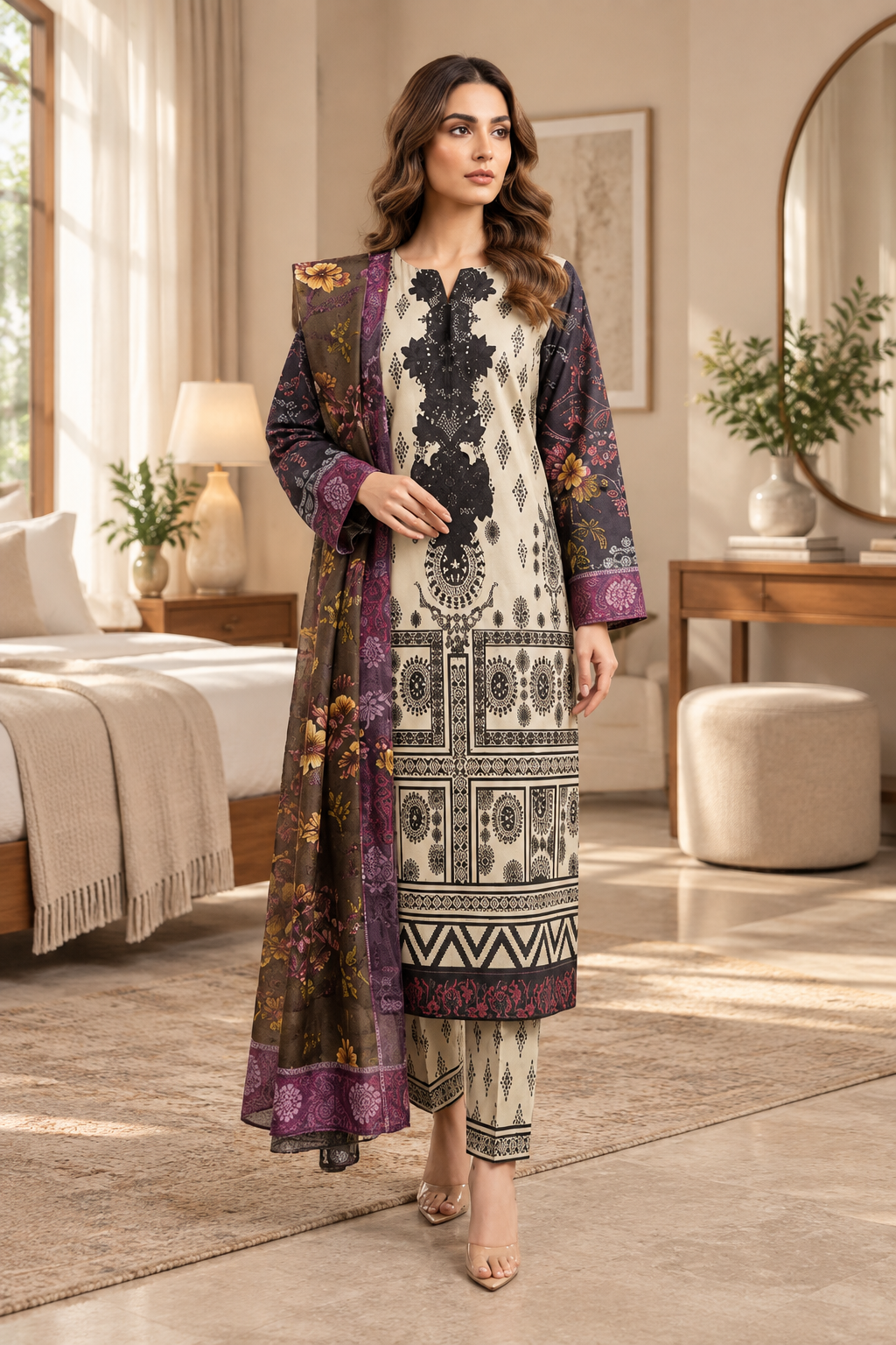 Black & Purple Floral Heritage Print 3-Piece Stitched Suit for Women – Ready to Wear