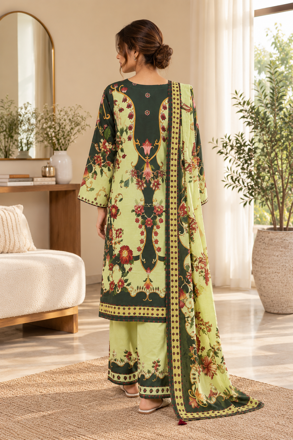Women’s 3 Piece Printed Lawn Suit – Floral Printed Kurta, Trouser & Matching Dupatta