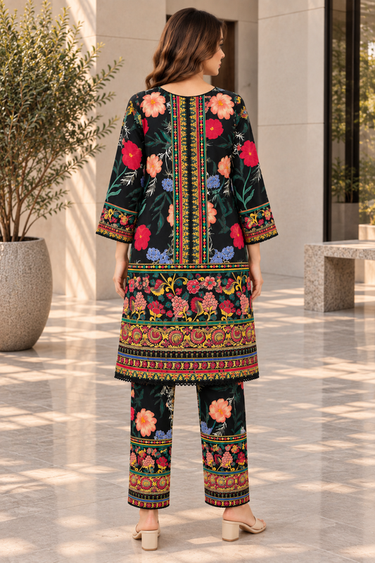 Stitched 2 Piece Lawn Suit for Women | Black Floral Printed Kurta Trouser Set