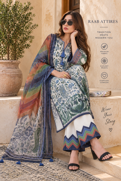 Blue & Green Botanical Paisley Print 3-Piece Stitched Suit for Women – Ready to Wear
