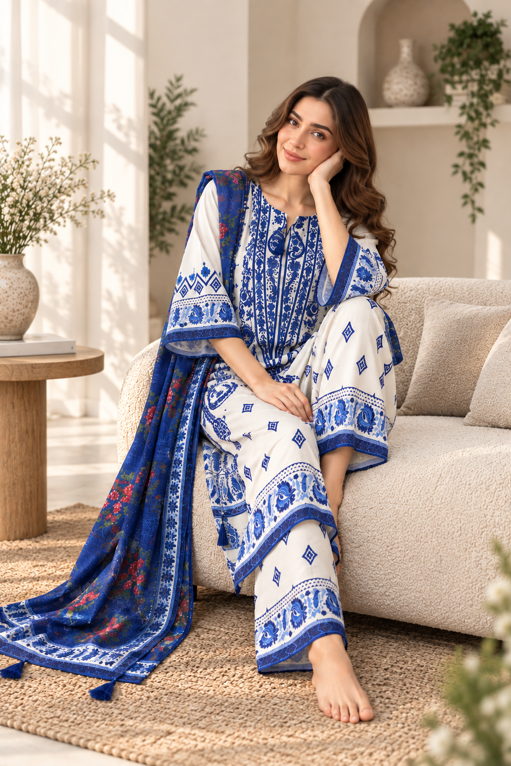 White & Blue Printed 3 Piece Lawn Suit with Floral Dupatta – Women’s Unstitched Suit