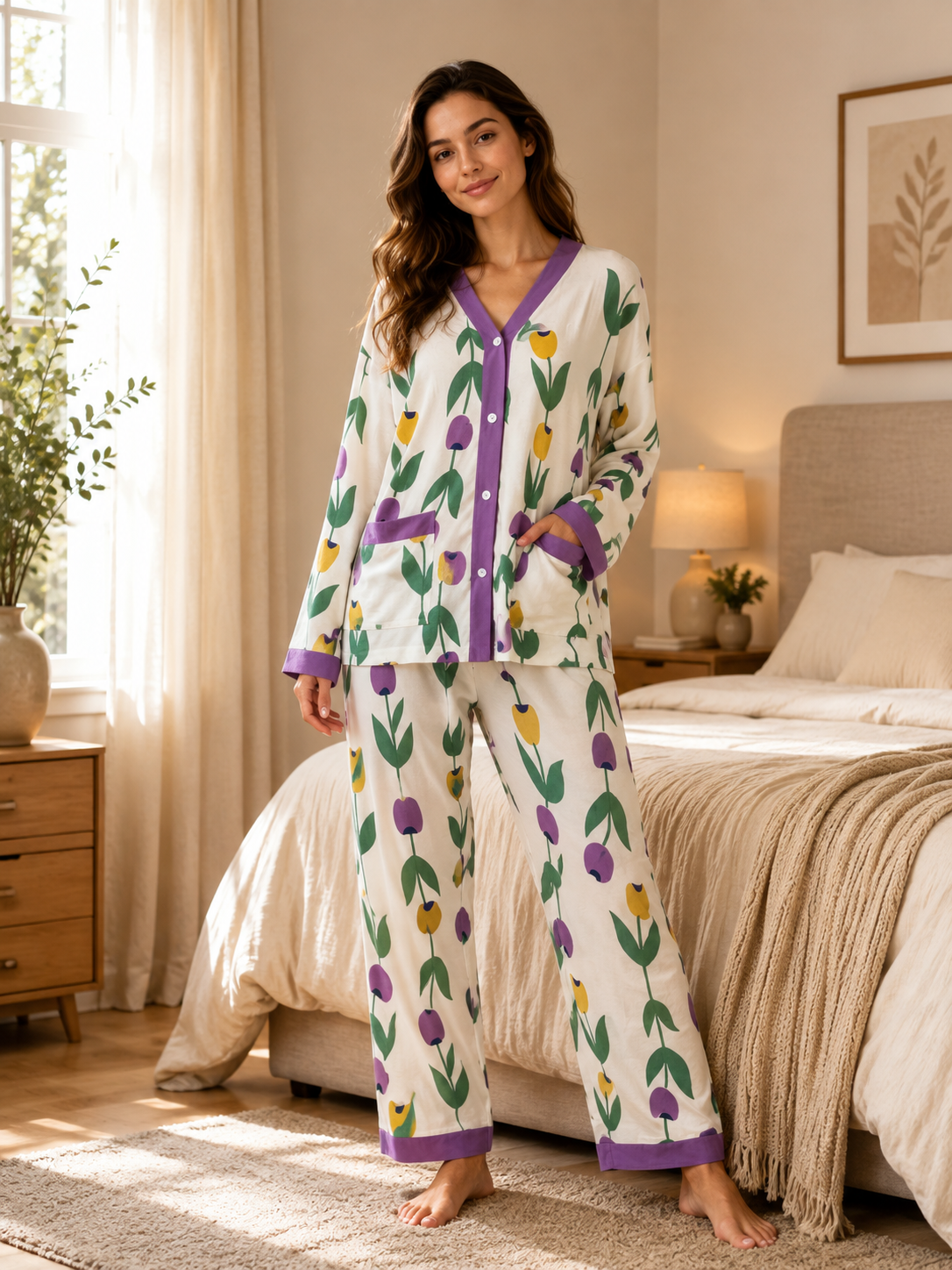 Off White Floral Tulip Printed Purple V-Neck Button Down Night Suit for Women
