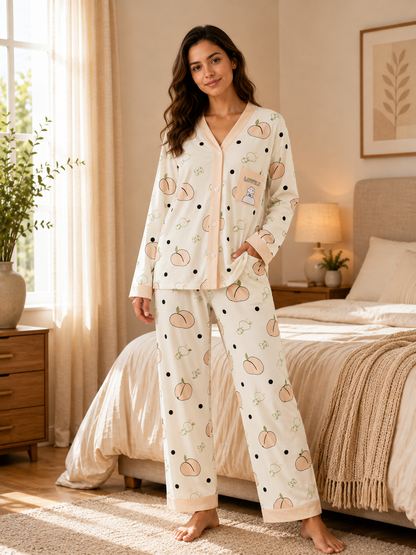Off White Peach Printed V-Neck Button Down Night Suit for Women