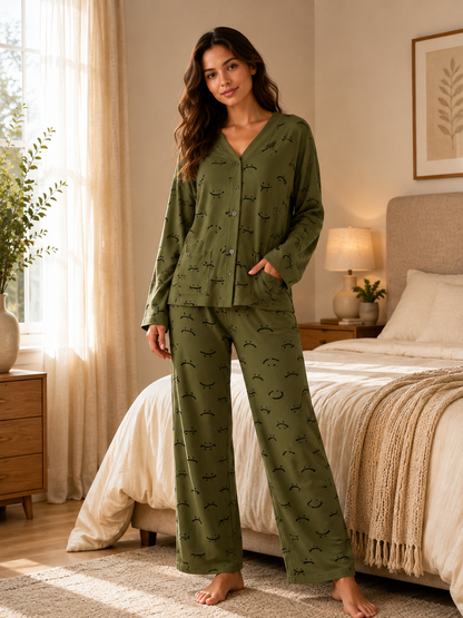 Olive Green Printed V-Neck Button Down Night Suit for Women