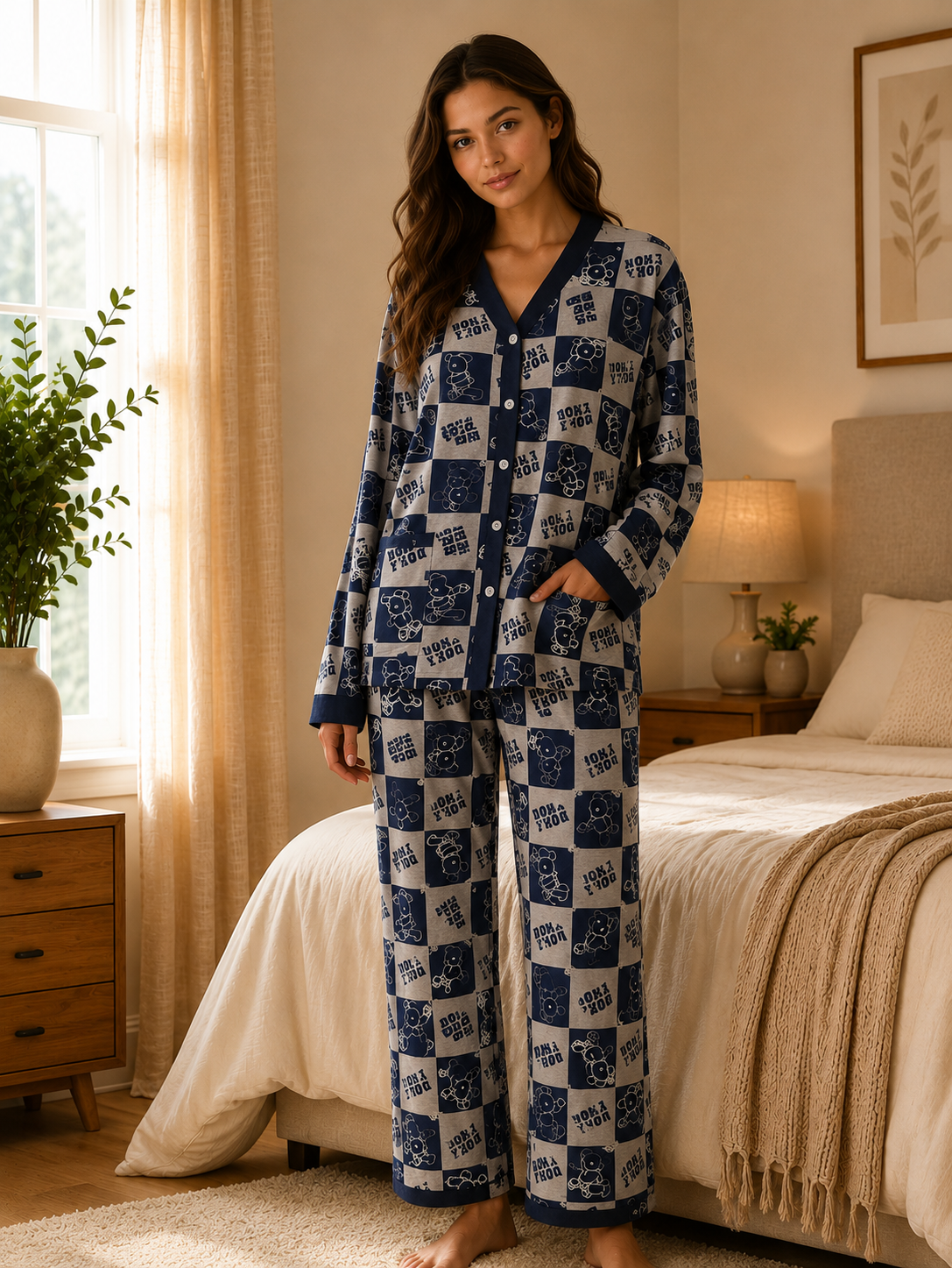 Navy Blue & White Teddy Bear Printed V-Neck Button Down Night Suit for Women