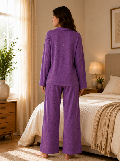 Purple Printed V-Neck Button Down Night Suit for Women
