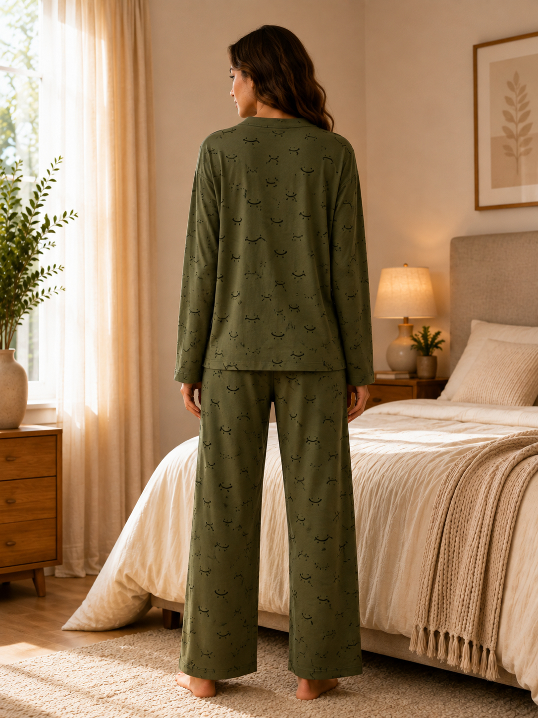 Olive Green Printed V-Neck Button Down Night Suit for Women