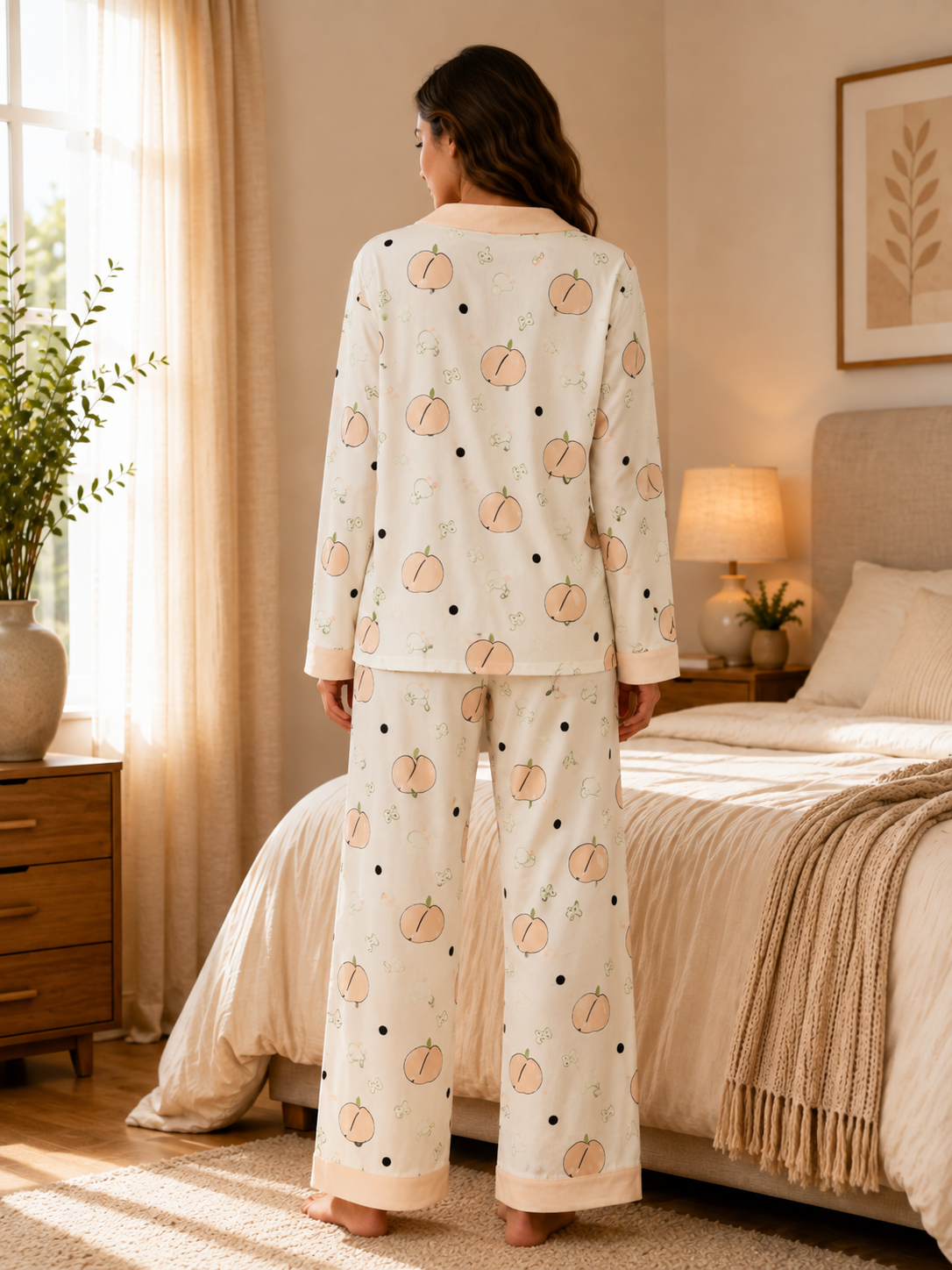 Off White Peach Printed V-Neck Button Down Night Suit for Women