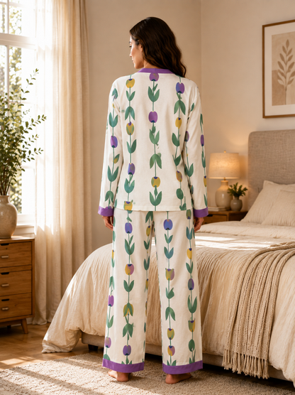 Off White Floral Tulip Printed Purple V-Neck Button Down Night Suit for Women