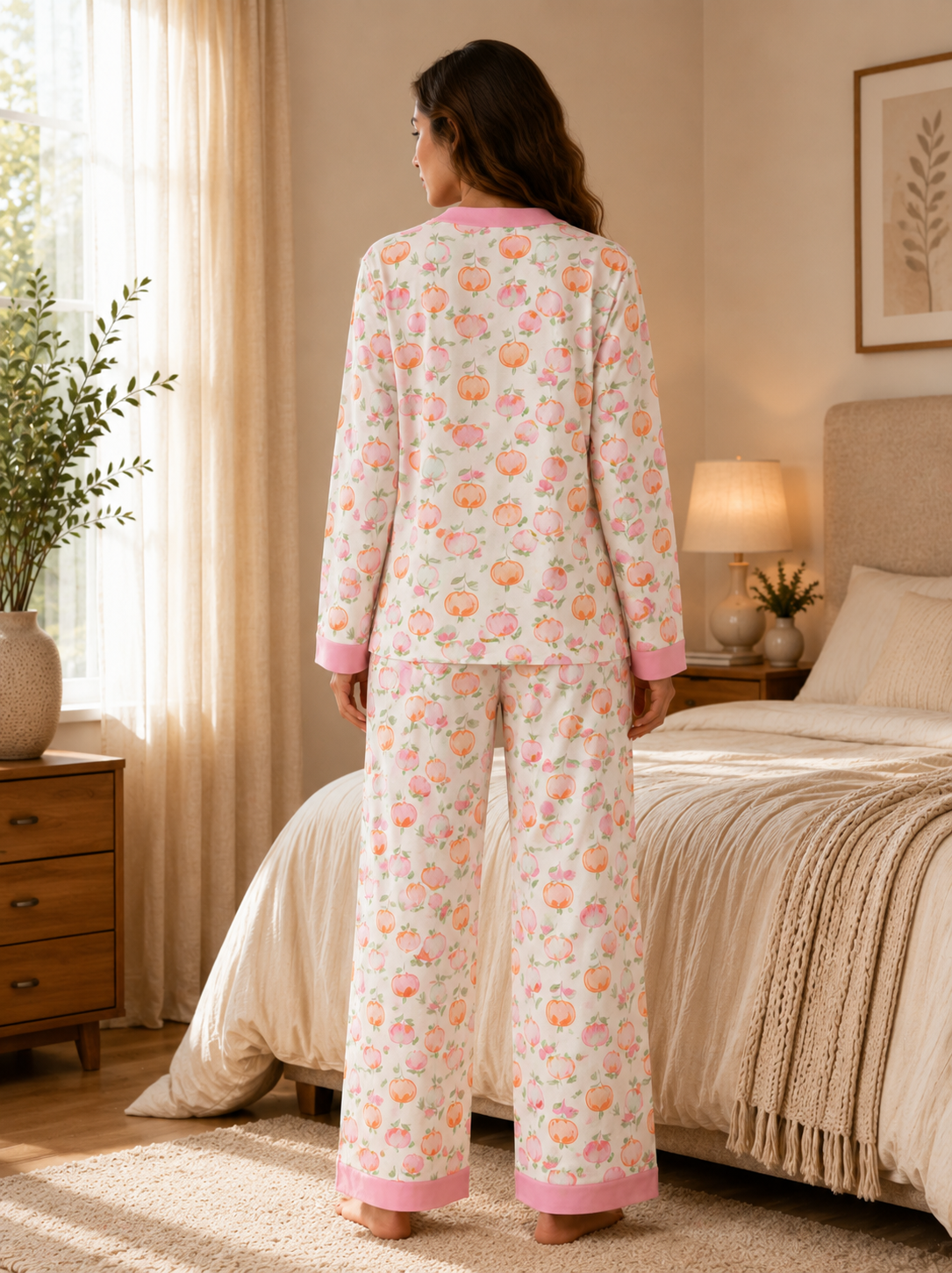 White Floral Printed Pink V-Neck Button Down Night Suit for Women