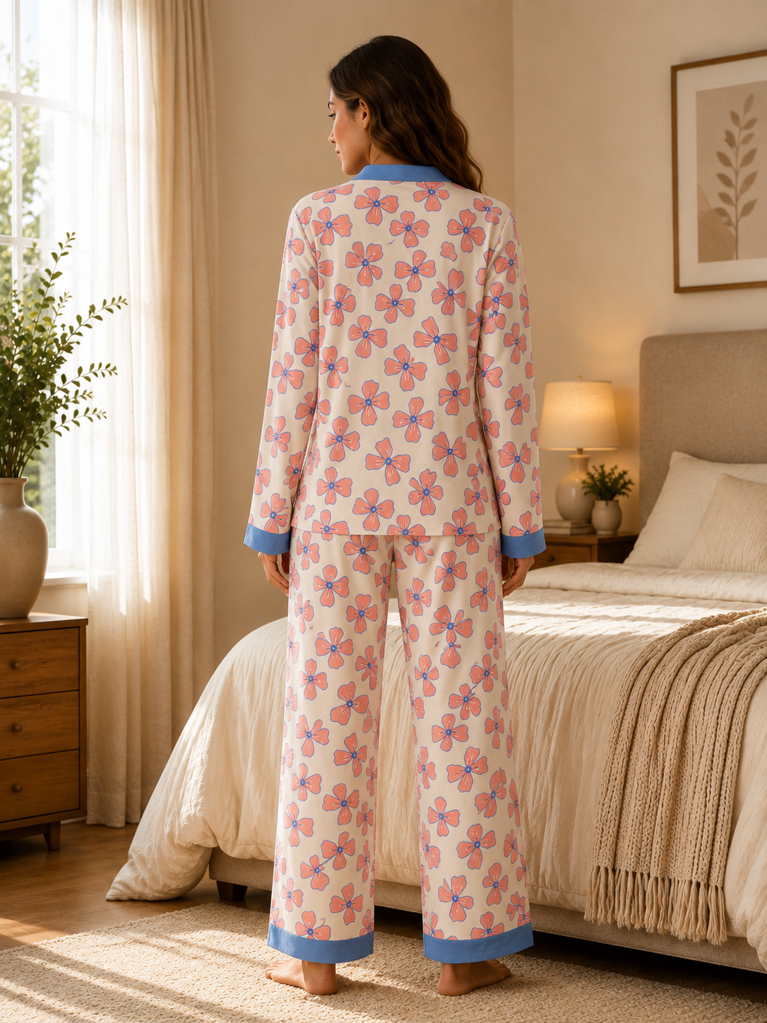 Peach Floral Printed Blue V-Neck Button Down Night Suit for Women