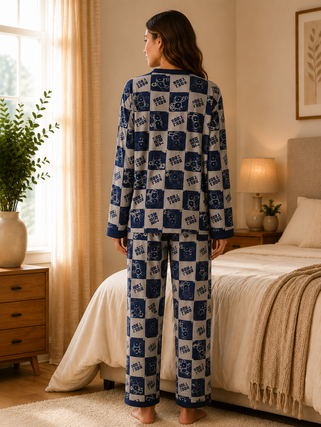 Navy Blue & White Teddy Bear Printed V-Neck Button Down Night Suit for Women