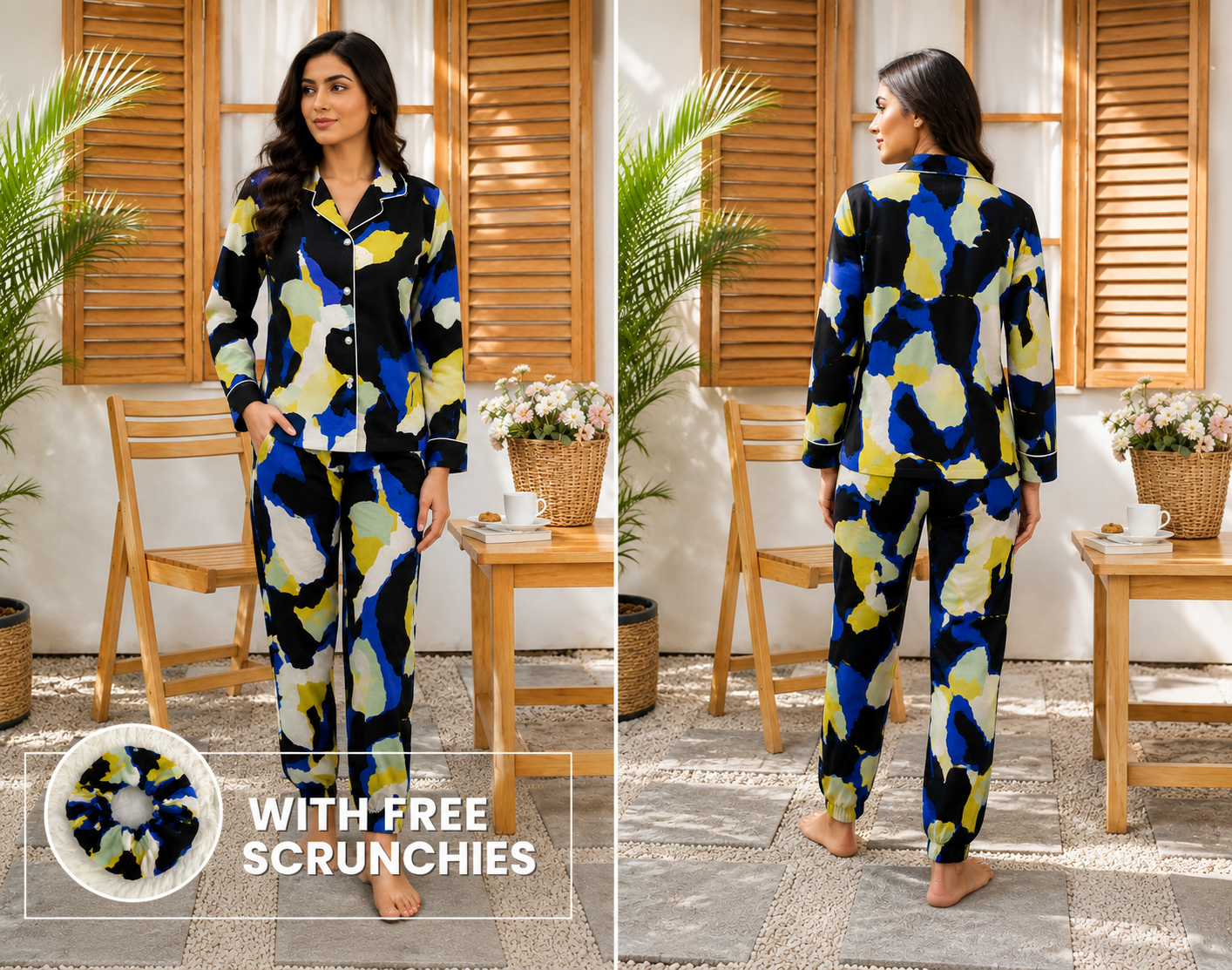 Women’s Abstract Printed Linen Pajama Set – Black, Blue & Yellow
