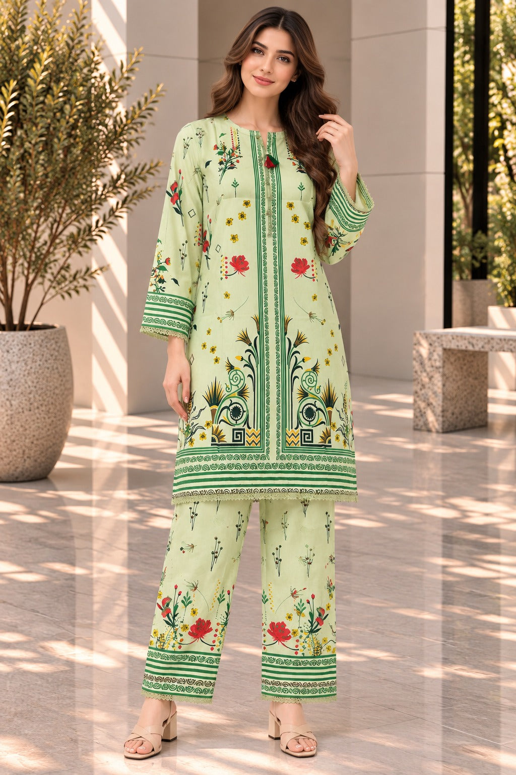 Pastel Green Floral Printed 2 Piece Suit | Printed Kurta & Trouser Set