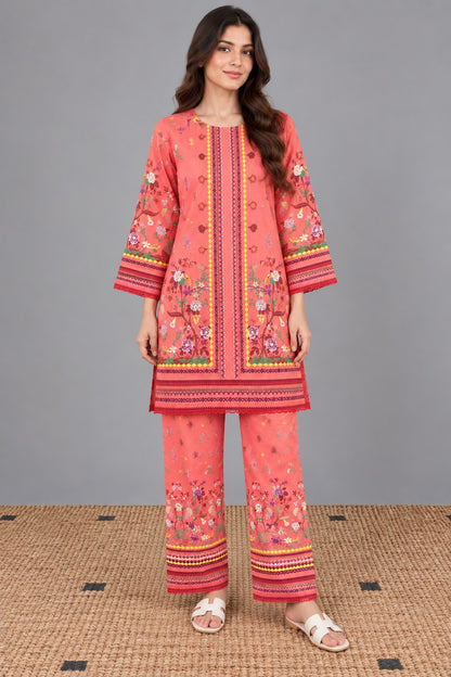 Coral Pink Floral Printed 2 Piece Suit | Printed Kurta & Trouser Set