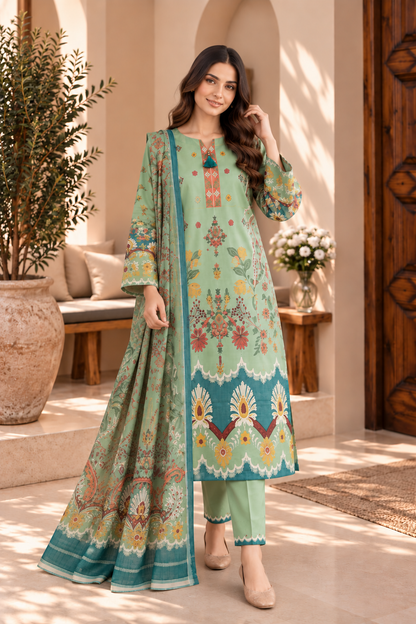 Mint Green Printed 3 Piece Lawn Suit with Floral Dupatta – Women’s Unstitched Suit