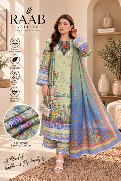 Women’s 3 Piece Printed Lawn Suit – Floral Printed Shirt, Matching Trouser & Dupatta
