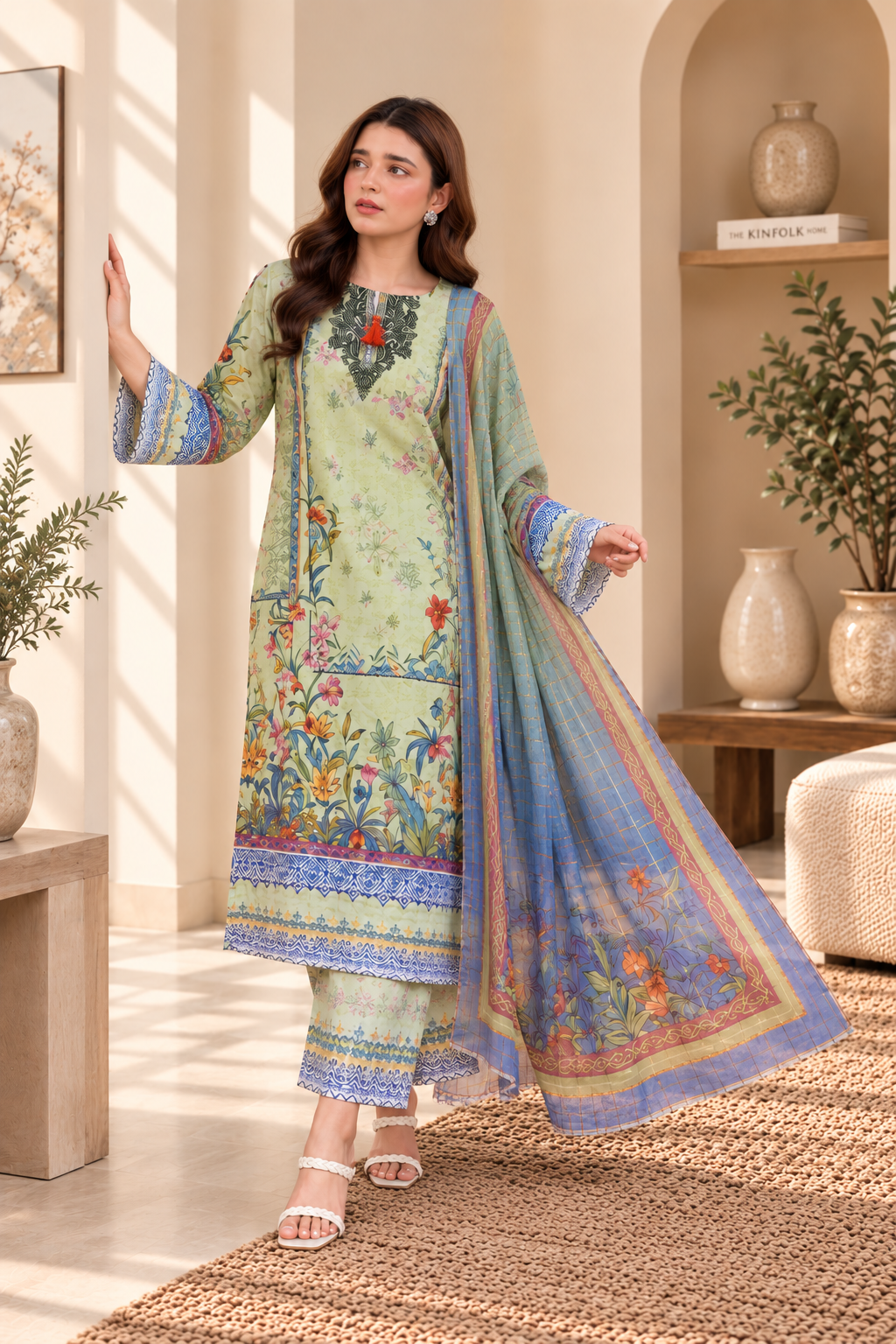 Women’s 3 Piece Printed Lawn Suit – Floral Printed Shirt, Matching Trouser & Dupatta