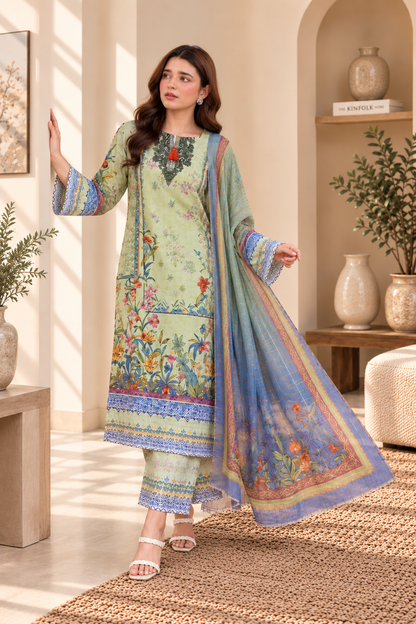 Women’s 3 Piece Printed Lawn Suit – Floral Printed Shirt, Matching Trouser & Dupatta