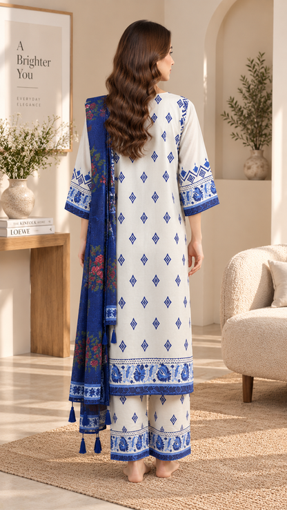 White & Blue Printed 3 Piece Lawn Suit with Floral Dupatta – Women’s Unstitched Suit