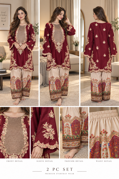 Stitched 2 PC Embroidered Suit – Maroon