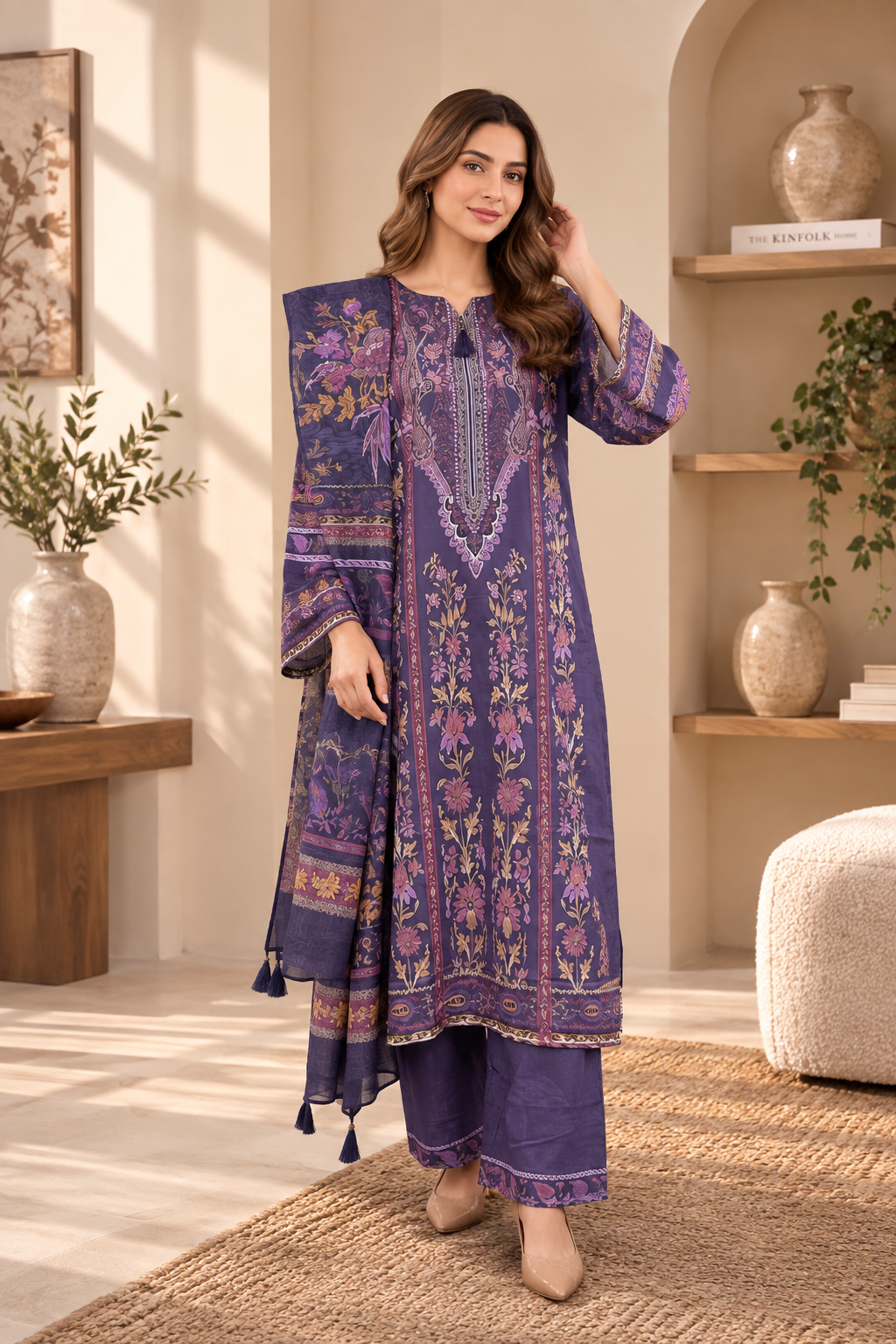 Women’s 3 Piece Printed Lawn Suit – Purple Floral Printed Shirt, Matching Trouser & Dupatta