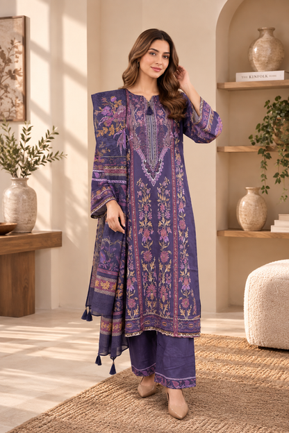 Women’s 3 Piece Printed Lawn Suit – Purple Floral Printed Shirt, Matching Trouser & Dupatta