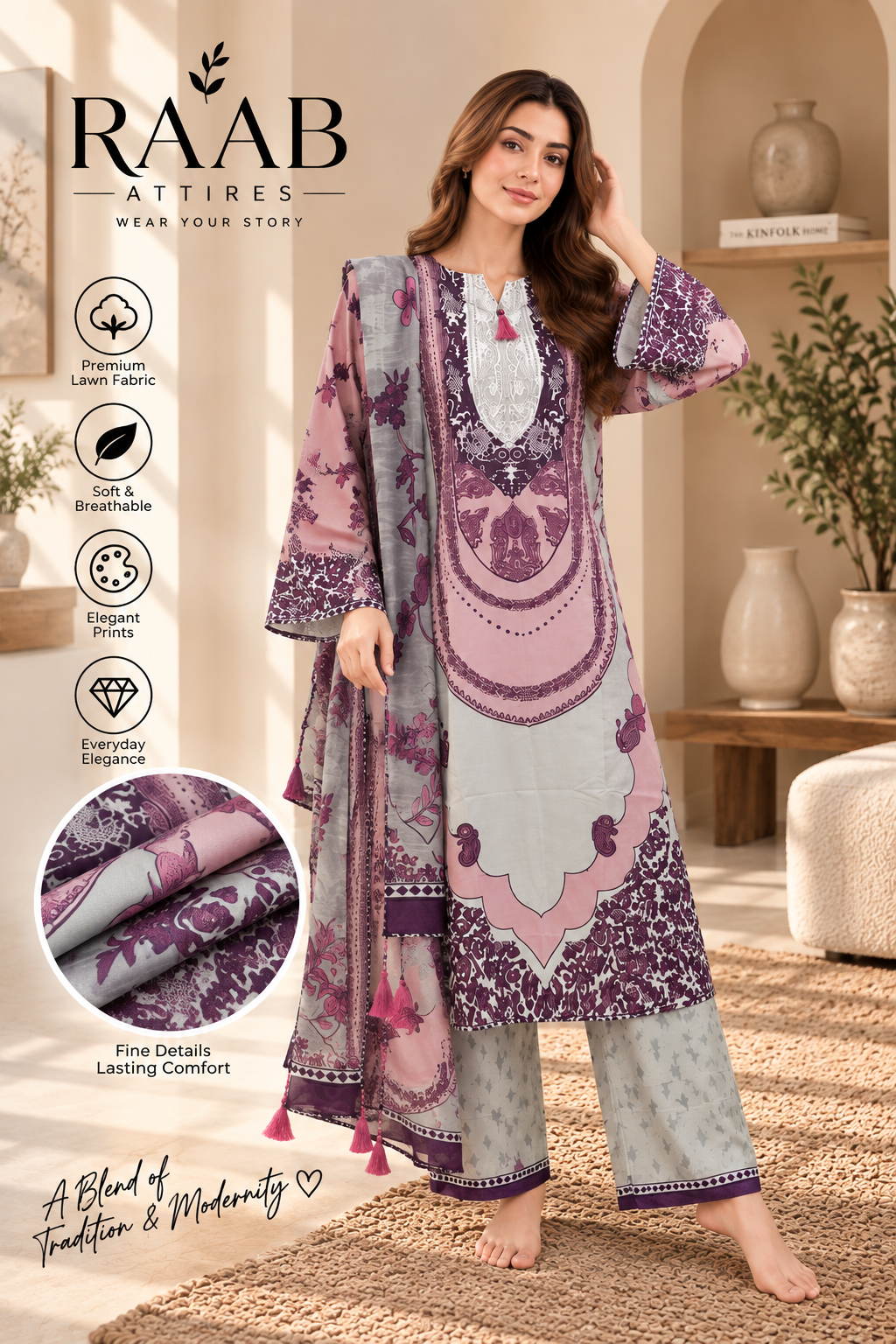 Women’s 3 Piece Printed Lawn Suit – Floral Printed Shirt, Matching Trouser & Dupatta
