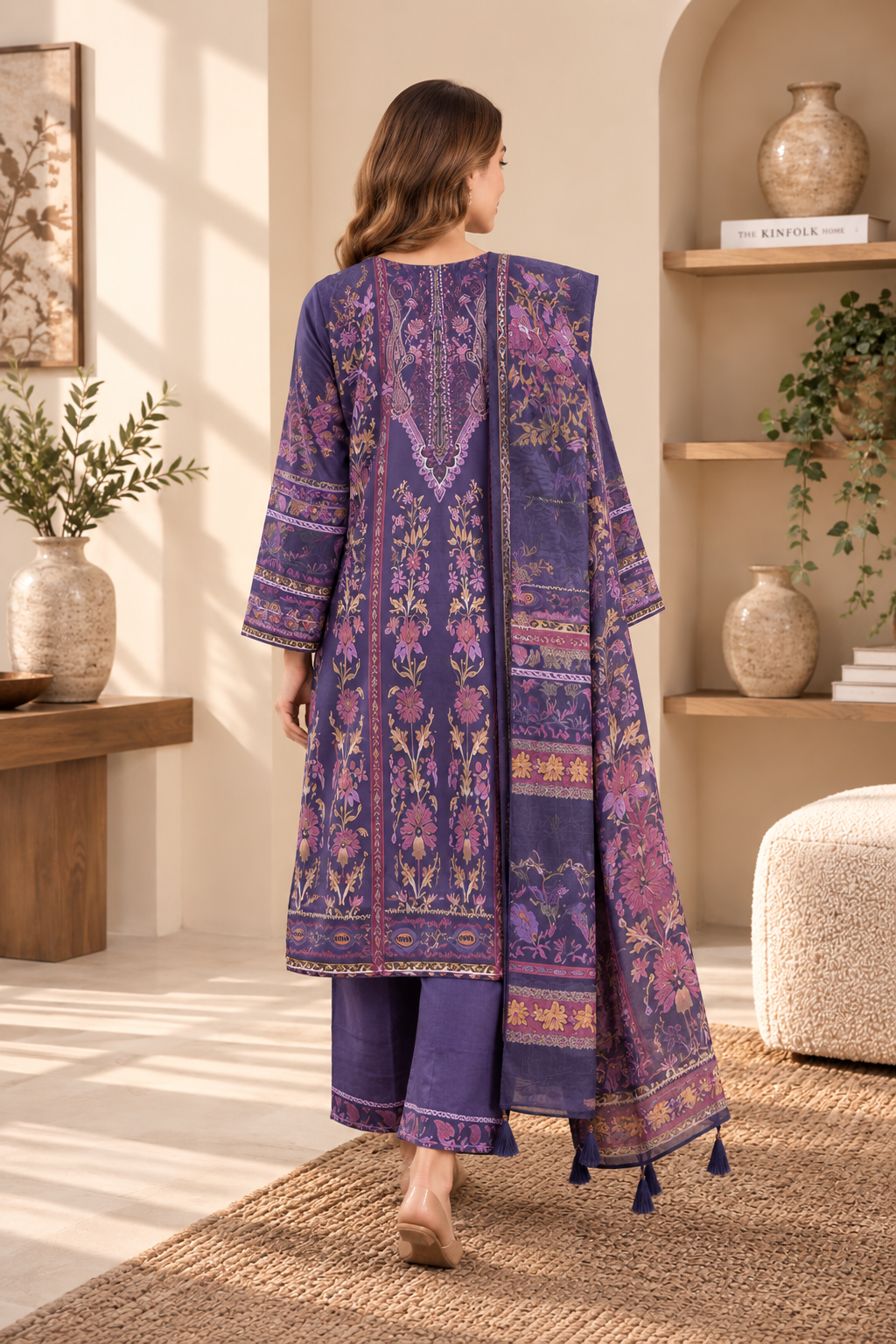Women’s 3 Piece Printed Lawn Suit – Purple Floral Printed Shirt, Matching Trouser & Dupatta