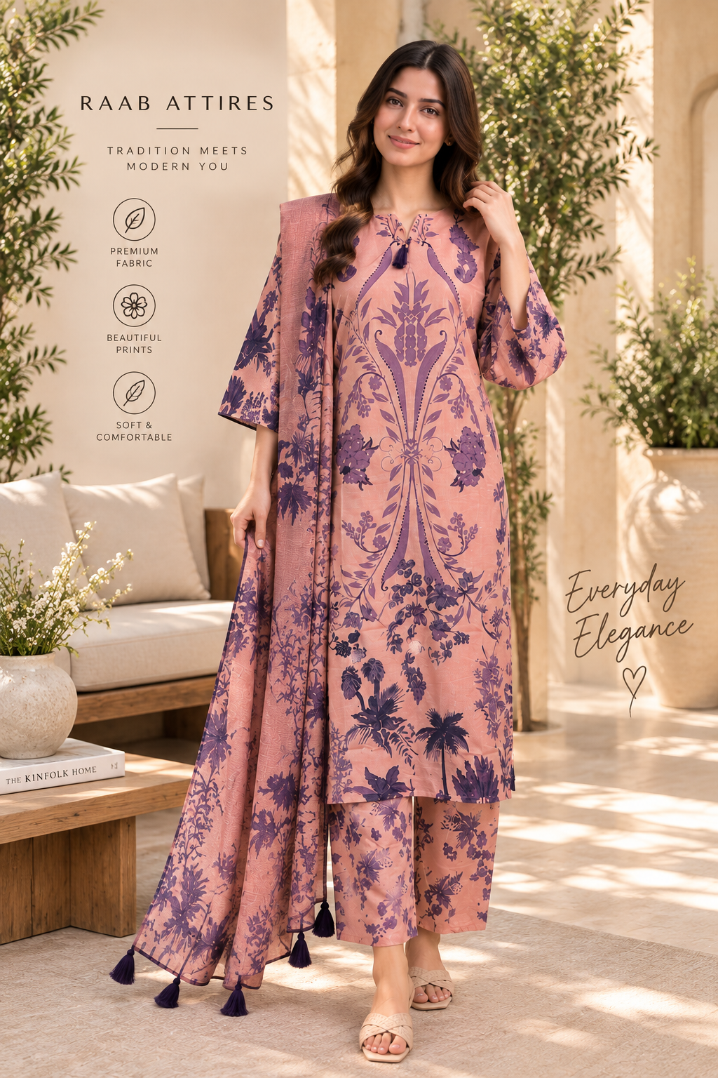 Women’s Printed 3-Piece Lawn Suit – Peach & Purple Floral Design
