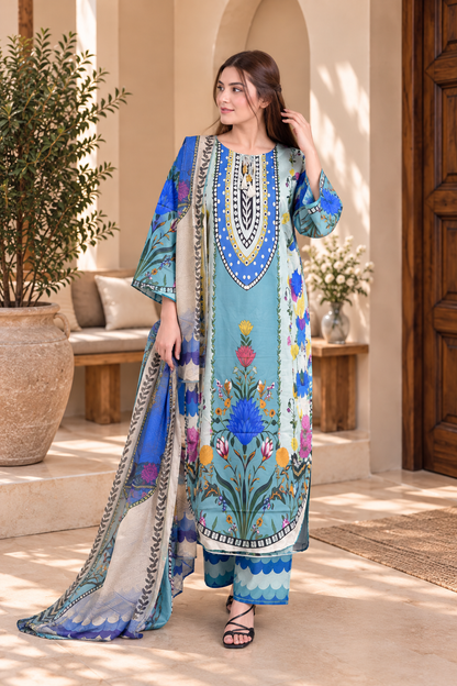 Blue Floral Garden Print 3-Piece Stitched Suit for Women – Ready to Wear