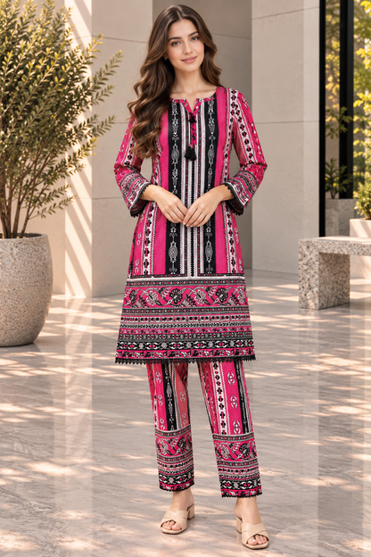 Stitched 2 Piece Lawn Suit for Women | Pink & Black Printed Kurta Trouser Set