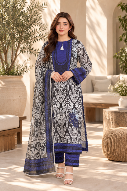 Women’s Printed 3-Piece Lawn Suit – Blue & Black Floral Design