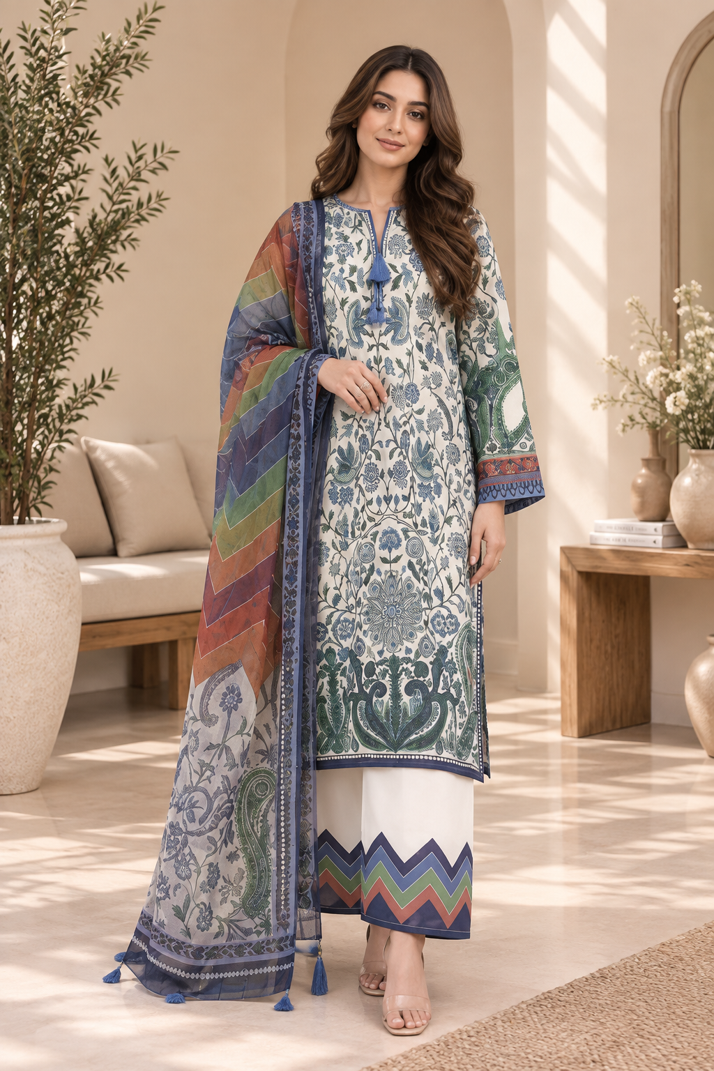 Blue & Green Botanical Paisley Print 3-Piece Stitched Suit for Women – Ready to Wear